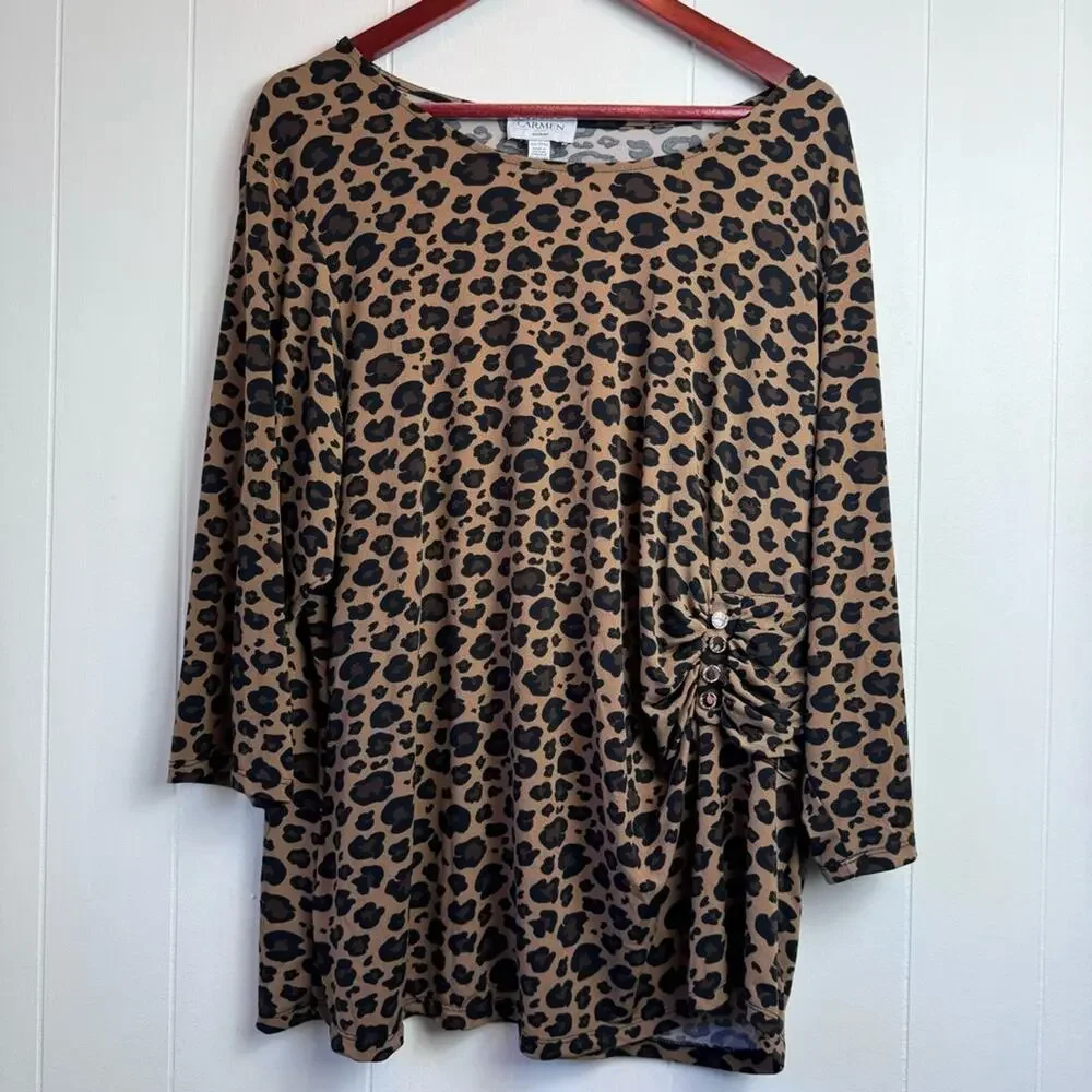 Carmen Marc Valvo Leopard Print 3/4 Sleeve Popover Blouse Women’s Size 3X - Picture 8 of 13